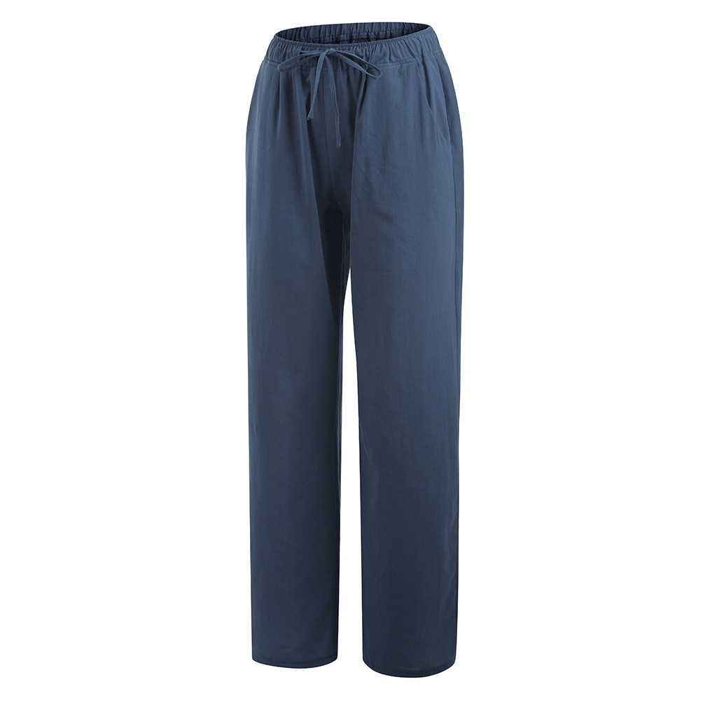 thumbnail image 4 of Pantalones anchos con cordón para mujer, de algodón liso y cintura elástica, para uso informal, 4 of 8